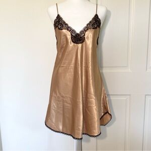 DEENA Vintage Y2K Gold Satin Black Lace Slip Dress Nightie Lingerie Women M Sexy